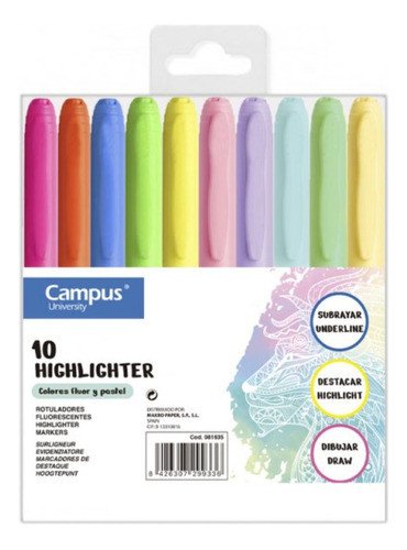 Resaltadores Campus Finos 10 Colores Fluo + Pastel 0