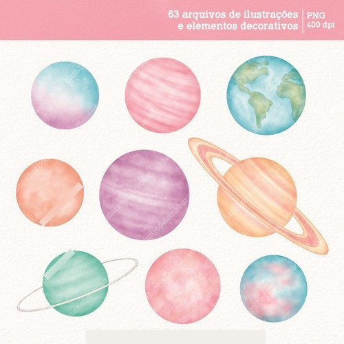 Kit Digital Viagem Ao Espaço (candy)  Cliparts Em Aquarela 1