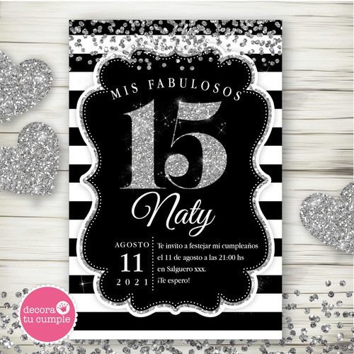Invitacion Imprimible Adultos 15 Años Negro Plata Glitter 0
