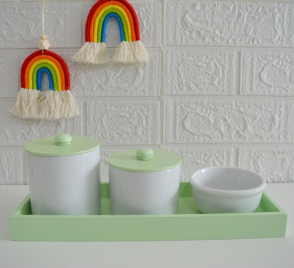 Kit Higiene Bebê Porcelana Tampa Bandeja Mdf Verde Bancada 1