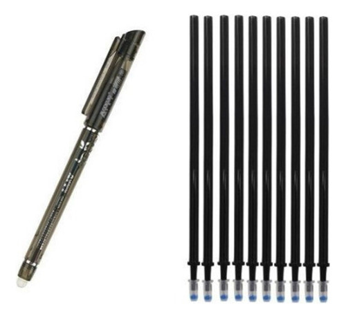 Kit 6 Caneta + 10 Refil Recarga Caneta Gel Apagável Preto 0