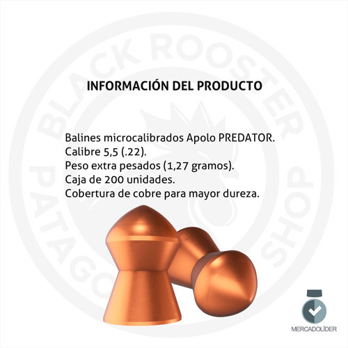 Balines Apolo Predator Cobreados Calibre 5,5 Microcalibrado 1