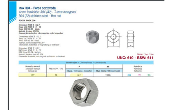 Porca Sextavada Inox 1/2  Unc - Ch 3/4  - Unc - 30 Pçs 1