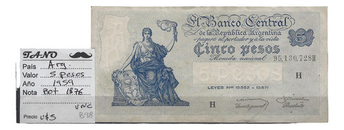 B98 Argentina Billete 5 Pesos Año 1959 Bottero 1876 0