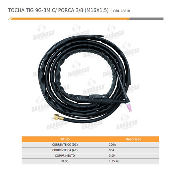 Tocha Tig 9g / Tn12 - 3m - Porca 3/8 (m16x1,5) 1