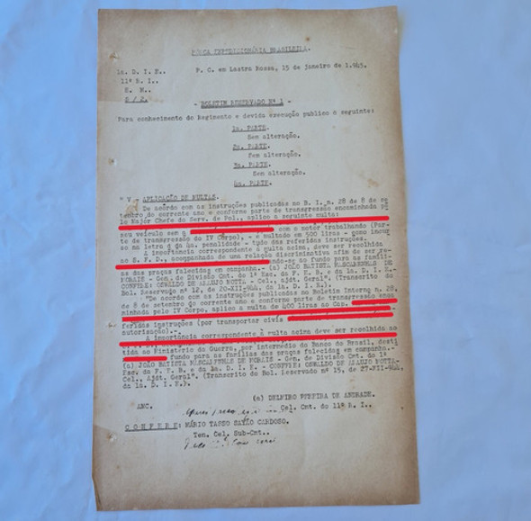 Documento Aplicação Multa Oficiais Feb Guerra Ww2 Original 0