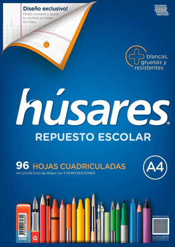 Repuesto Husares A4 90grs X 96 Hojas Cuadriculadas 0