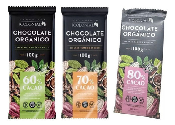 Combo Chocolate Organico 60 70 80% Cacao Colonial 100g X3 0 Combo Chocolate Organico 60 70 80% Cacao Colonial 100g X3 0