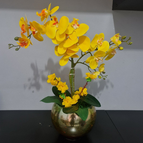 Arranjo Orquídea Amarela 2 Hastes De Silicone C/ Vaso Vidro 0