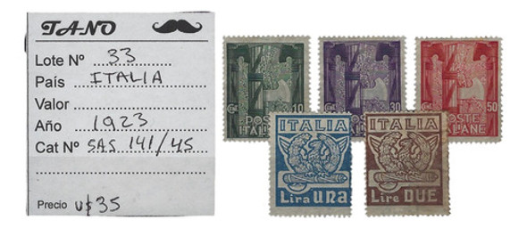 Lote33 Italia 5 Estamp. Año 1923 Sassone#141/45 Nuevas 0
