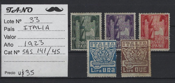 Lote33 Italia 5 Estamp. Año 1923 Sassone#141/45 Nuevas 1