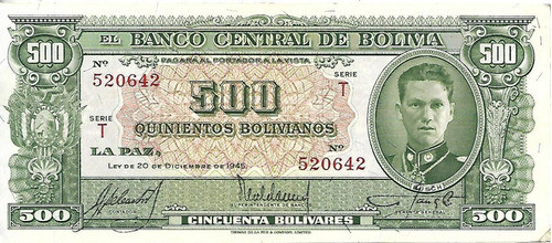 Bolivia Billete 500 Boliviano Año 1945 Ex Palermo 0