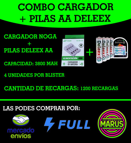 Cargador Noga Usb + 4 Pilas Aa Recargables Deleex 1