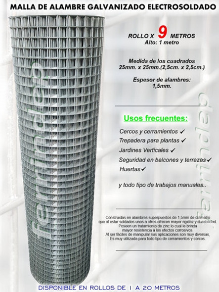 Malla Electrosoldada 25x25mm 1mt 9mts Tejido Alambre Rollo 1