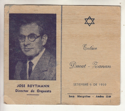 1959 Judaica Uruguay Jose Roytmann Director De Orquesta Raro 0