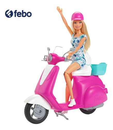 Barbie Muñeca Moto Scooter Rosa Mattel Febo 1