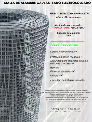 Tejido Metal Electrosoldado Malla Alambre 10x10mm 50cm Alto 1