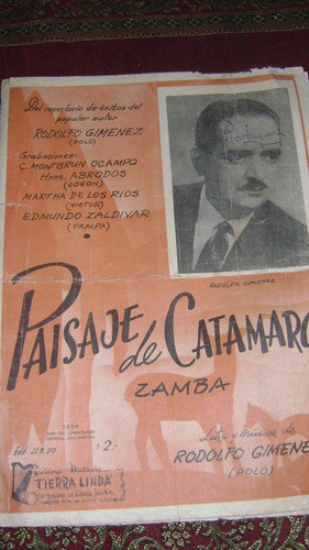 Antigua Partitura Para Piano Paisaje De Catamarca Zamba 0