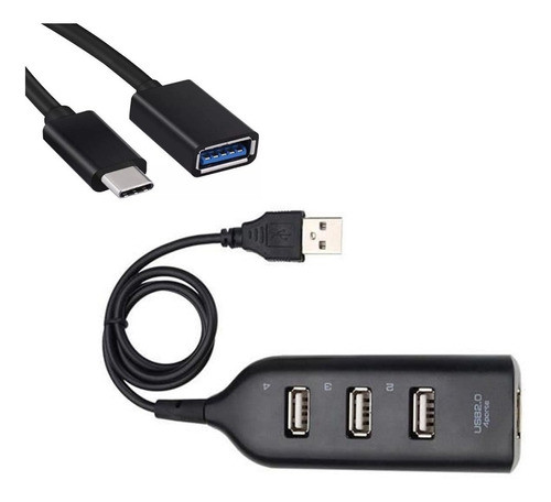 Kit Mobilador Hub Usb 4 Portas Fio De 1 Metro + Otg Tipo C 1