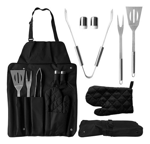 Set Parrillero Asado Pinza Espatula Con Delantal Y Manopla 0