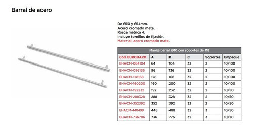 Barral Acero Mate Diámetro 10 Mm X 328mm Pack X 5 Unidades 1
