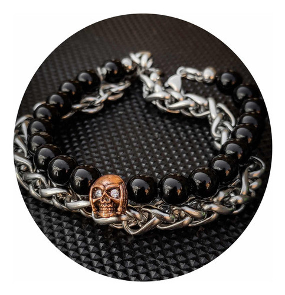Pulsera Calavera Dj Doble Onix Y Acero Modelo Exclusivo 0