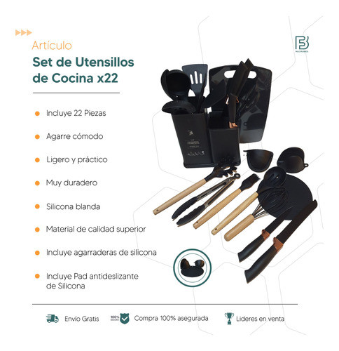 Utensilios De Cocina De Silicona X22 Piezas Mango De Madera 1