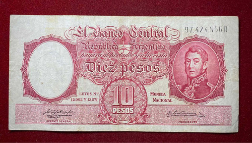 Billete 10 Pesos Moneda Nacional 1957 Serie D Bottero 1957 0