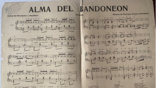 Antigua Partitura De Tango, Alma Del Bandoneón Discépolo  Mv 1