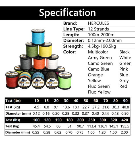 Línea Pesca Trenzada Tanza Pesca 12 Hebras 2000m Hercules 1
