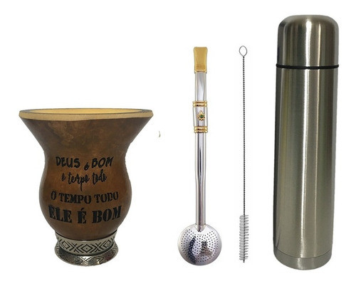 Kit Chimarrão Cuia Deus É Bom Bomba Inox  E Térmica Inox 0