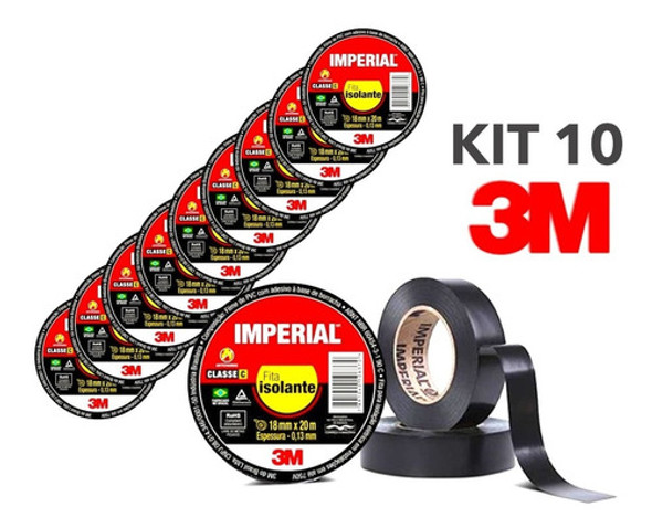 Kit 10 Rolos Fita Isolante Imperial 18mm X 20m Preta 3m 0