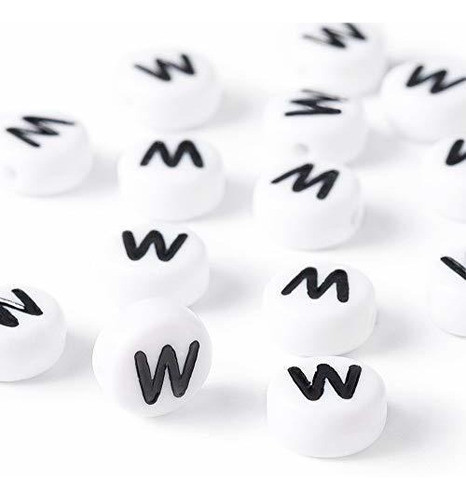 Cuentas Redondas Blancas Con Letra W Negra X 100u  7mm 0