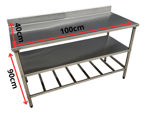 Mesa Bancada 100x40 Inox Espelho 2 Bases Lisa/gradeada 1