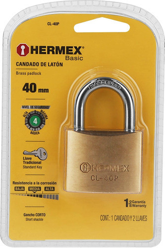 Candado De Bronce 40mm Cilindro Bronce 2 Llaves Hermex Basic 1