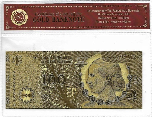 Billete Replica Evita $ 100 Baño De Oro 24 K Certifi Palermo 0
