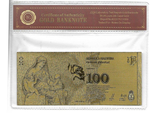 Billete Replica Evita $ 100 Baño De Oro 24 K Certifi Palermo 1
