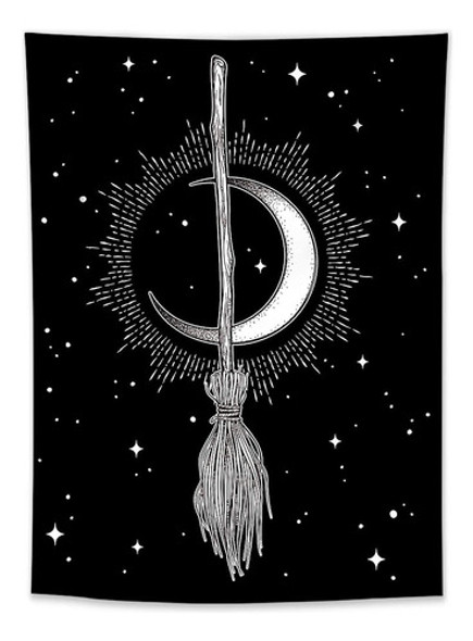 ~? Hvest Witch's Broom Moon Tapestry Wall Hanging Black And 0