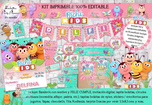 Kit Imprimible Candy Bar Bichi Kids Rosa 100% Editable 1
