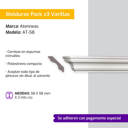 Moldura Atenneas At-58 Pack 3 Varillas De 58 X 58 Mm X 2 Mts 1