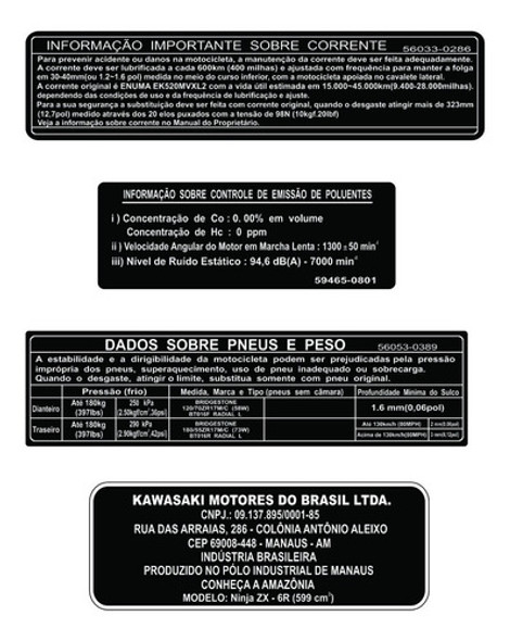 Adesivos De Advertência Kawasaki Ninja Zx 6r - Frete Grátis 0