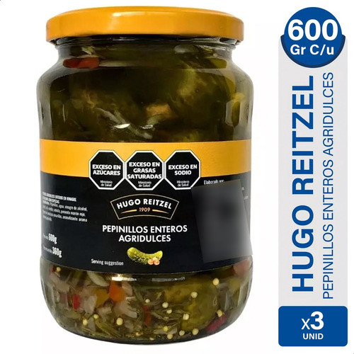 Pepinillos Enteros Agridulces Hugo Reitzel - Pack X3 Frascos 1