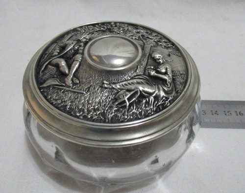 Antiguo Alhajero Cristal Metal Plateado Pareja Francesa 1