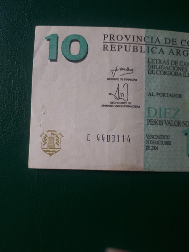 Bono Córdoba Lecop $10 Serie C Estado Bueno 1