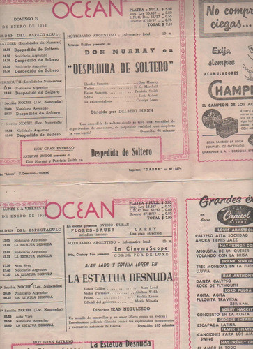 Lote 2 Antiguos Programa Cine - Ocean  - Año 1958 1