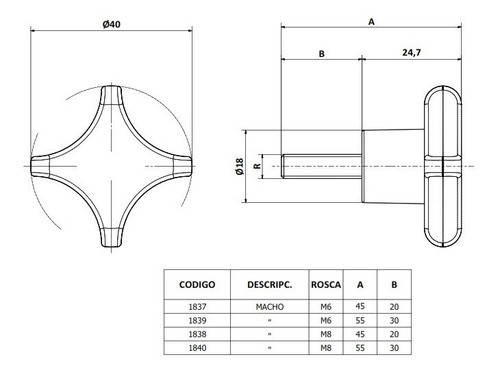 Perilla De Ajuste Plástica Ø40 Tornillo M8 X30 Inoxidable 1