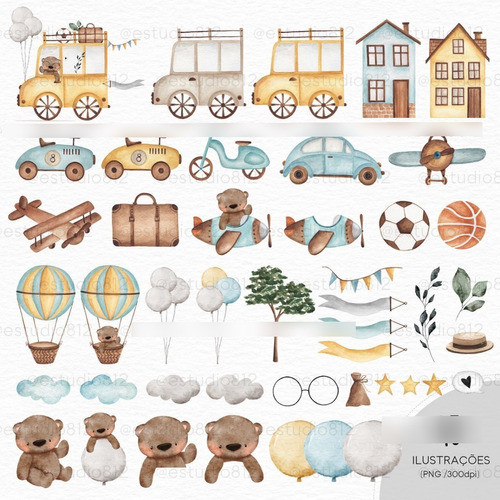 Kit Imagenes Png Oso Osito Avión Auto Nene Acuarela Est59 1