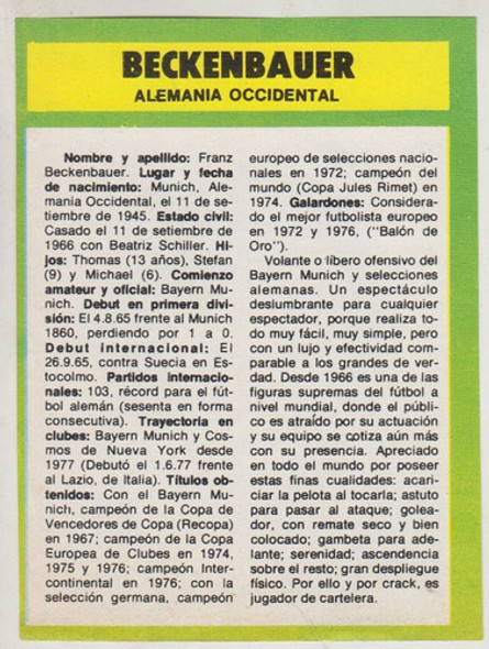 Futbol Alemania Tarjeta 1974 Franz Beckenbauer Coleccionable 1