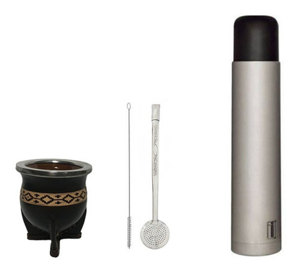 Kit Chimarrão Cuia Cerâmica Couro Pampa Bomba Inox E Térmica 0