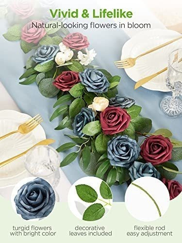50 Rosas Artificiales Aspecto Natural Azules Con Tallo 25cm 1